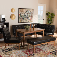 Baxton Studio BBT8051-Dark Brown/Walnut-5PC Dining Nook Set Arvid Mid-Century Modern Dark Brown Faux Upholstered Leather 5-Piece Wood Dining Nook Set